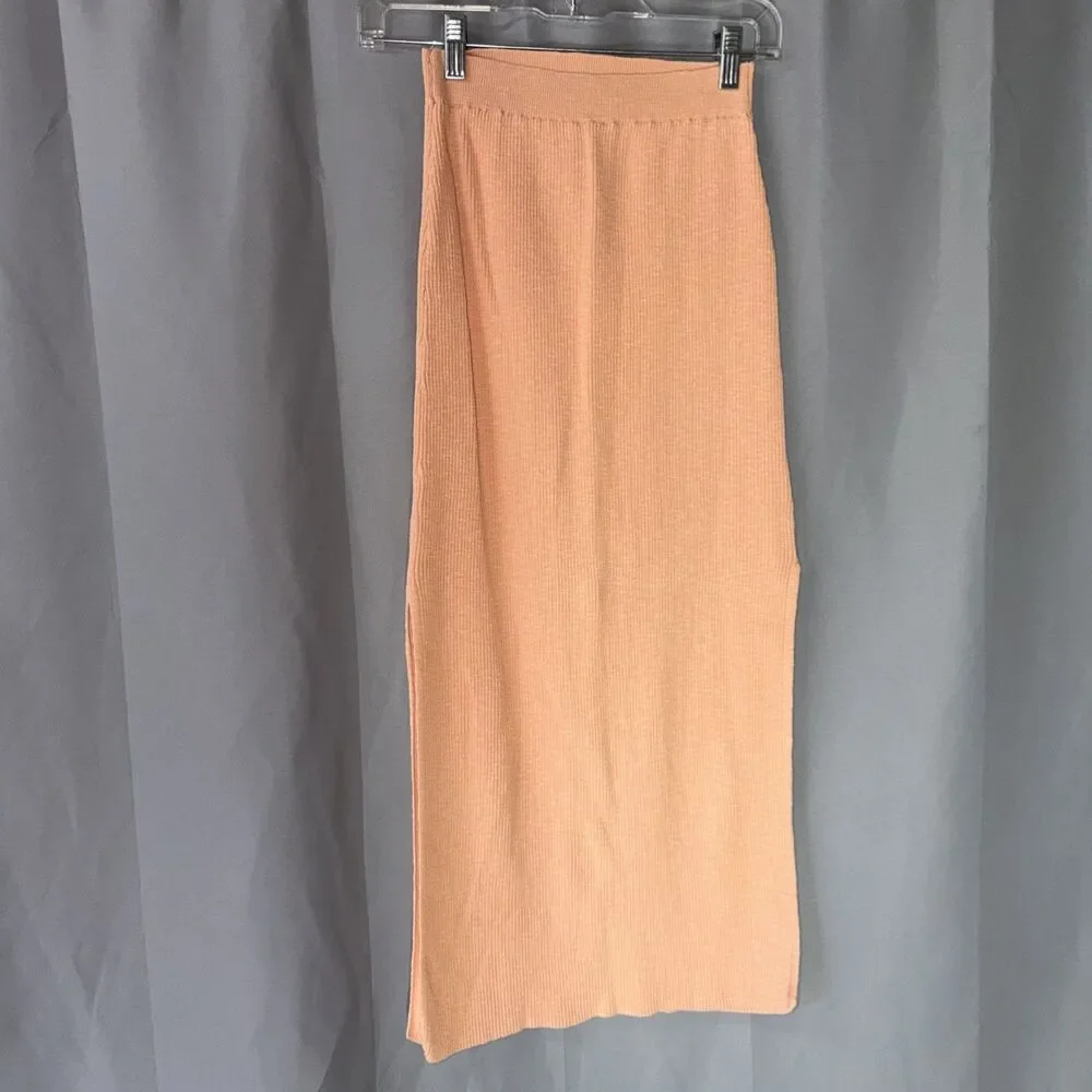 Free People FP Beach Womens M Peach Ribbed Knit Midi Maxi Skirt Elast.Waist Slit